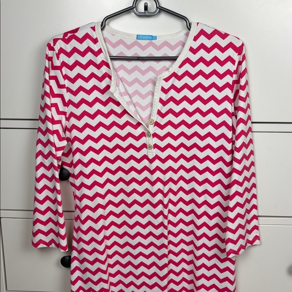J. McLaughlin Pink and White Chevron Long Sleeve Dress - L